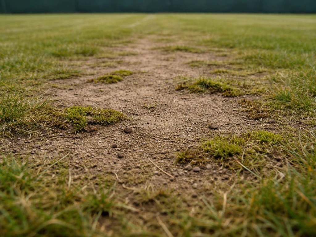 Close-up van kale, slijtende grasplekken en mos op een intensief bespeeld tennisveld bij de baseline