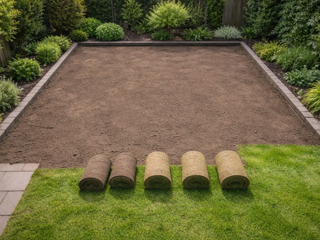 Bovenaanzicht van een Nederlandse tuin waar kunstgras is verwijderd en nieuw aanleggedeelte klaarstaat voor echt gras.