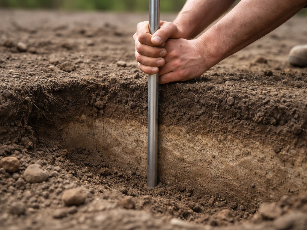 Hand met grondspies/grondstaaf die in een open bodemlaag wordt gestoken, met focus op verdichting en opbouw.