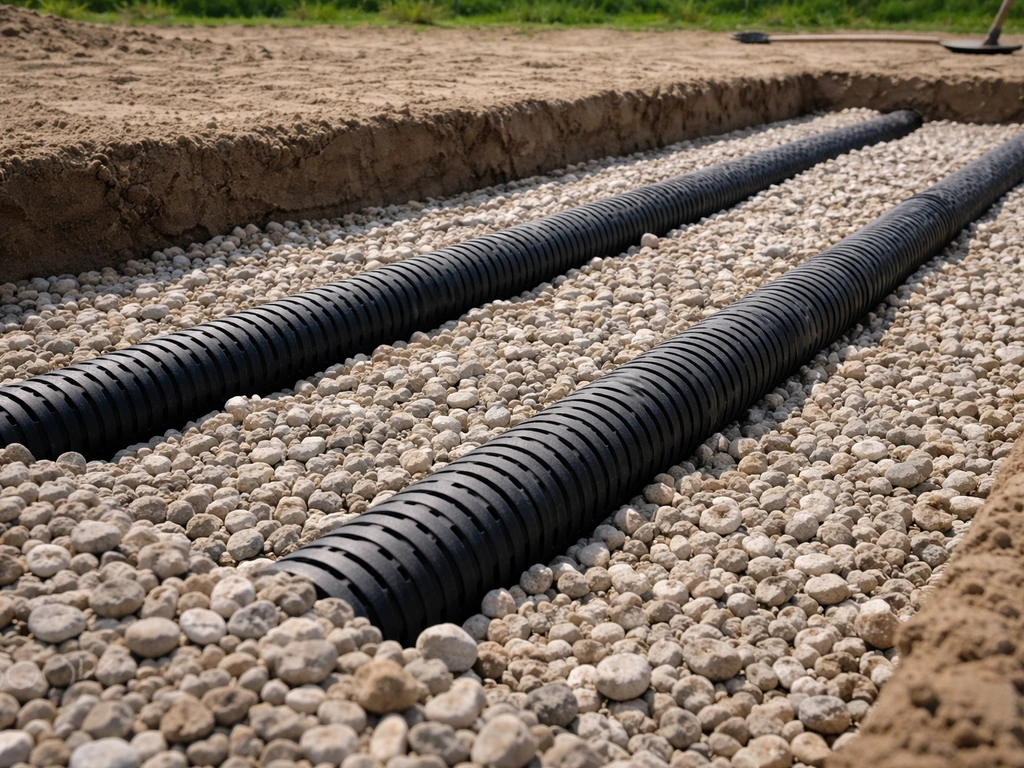 Detail van open drainagebed met grint en drainagebuizen onder het toekomstige zaaibed