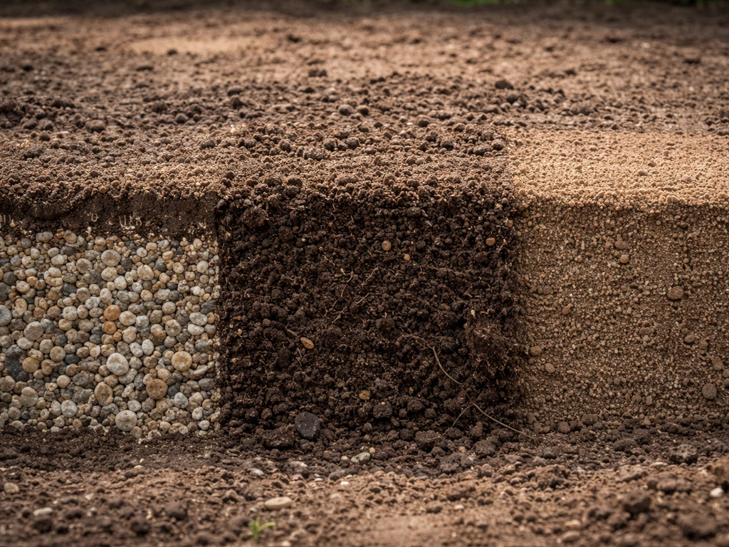 Zijaanzicht van drie lagen grond en drainage: grind, teelaarde en zaaibed, duidelijk naast elkaar.