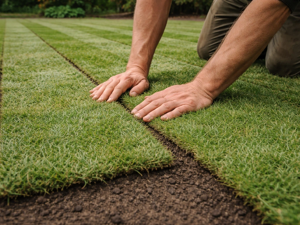 Handen die graszoden strak tegen elkaar leggen en de naden aandrukken op een vlakke, lichte ondergrond.