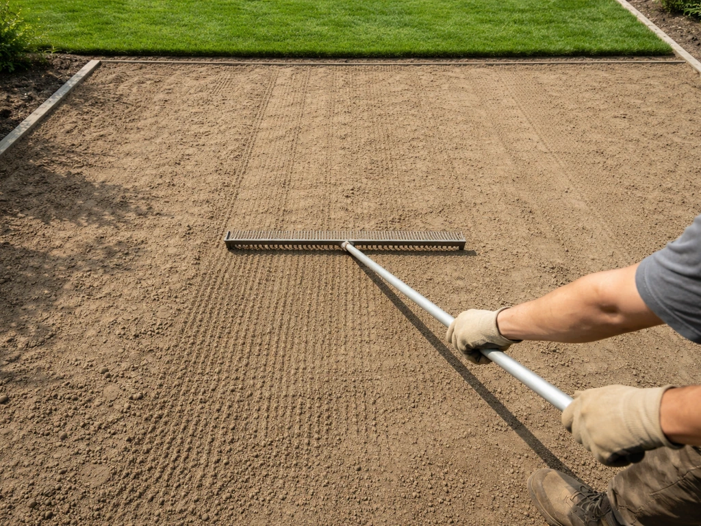 Bovenaanzicht van egaliserende rijlat over strak voorbereide grond voor een nieuw grasvak.