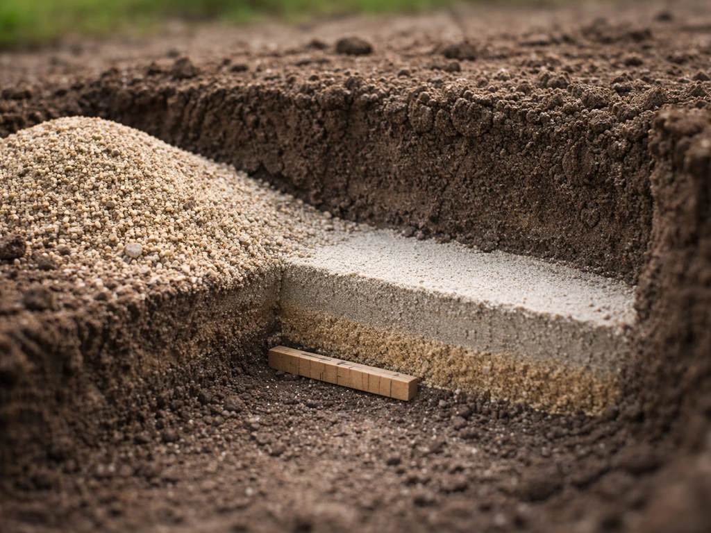 Close-up van gelaagde kuilbodem met scherp zand en grondverbetering, laagopbouw duidelijk zichtbaar.