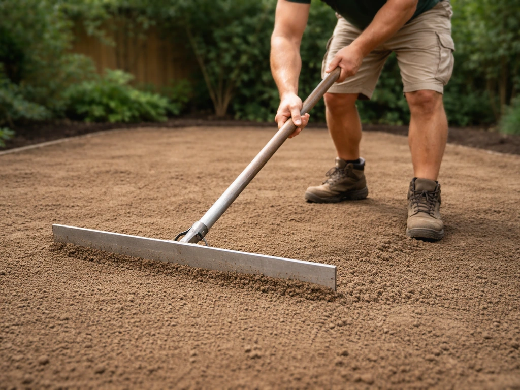 Iemand harkt en egaliseert de bodem tot een strak, vlak maaiveld vóór het zaaien of leggen van gras.
