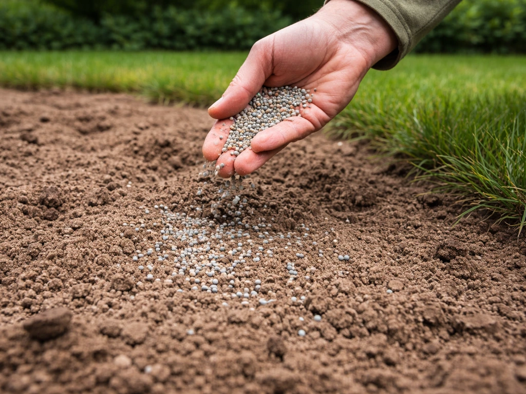 Hand die startmestkorrels uitstrooit over de bovenste grondlaag voor het nieuwe gazon