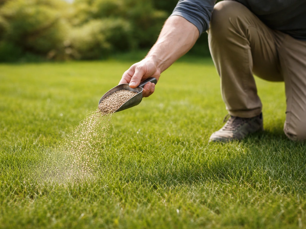 Hand die een klein schepje met natuurlijke mest op het gazon strooit, met groen gras op de achtergrond.