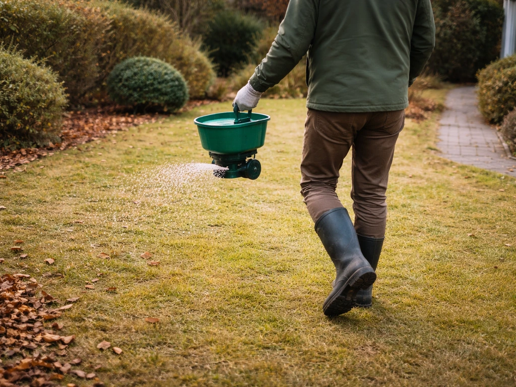 Anonieme tuinier strooit mestkorrels gelijkmatig op een winterklaar gazon met herfstbladeren aan de rand.