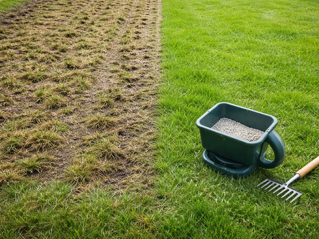 Twee zones gras in de tuin: links net verticuteerd, rechts intact, met handstrooier en korrels op de grond.