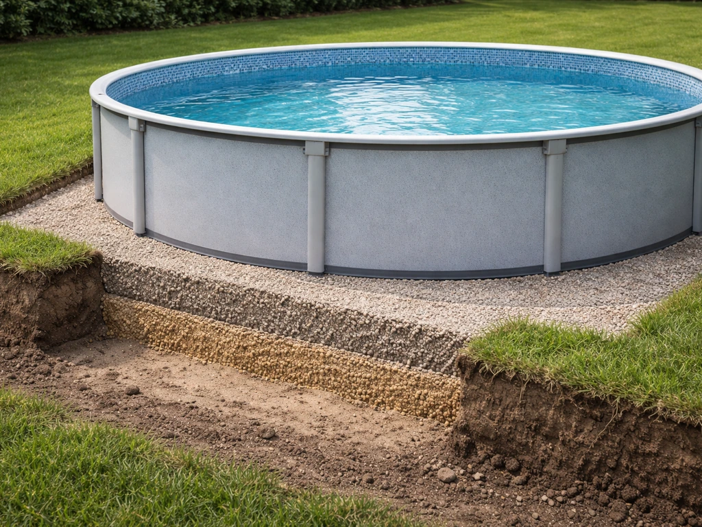 Uitsnede van een zwembadopstelling op gras met uitgegraven bodem, drainagelaag en waterpas rand.