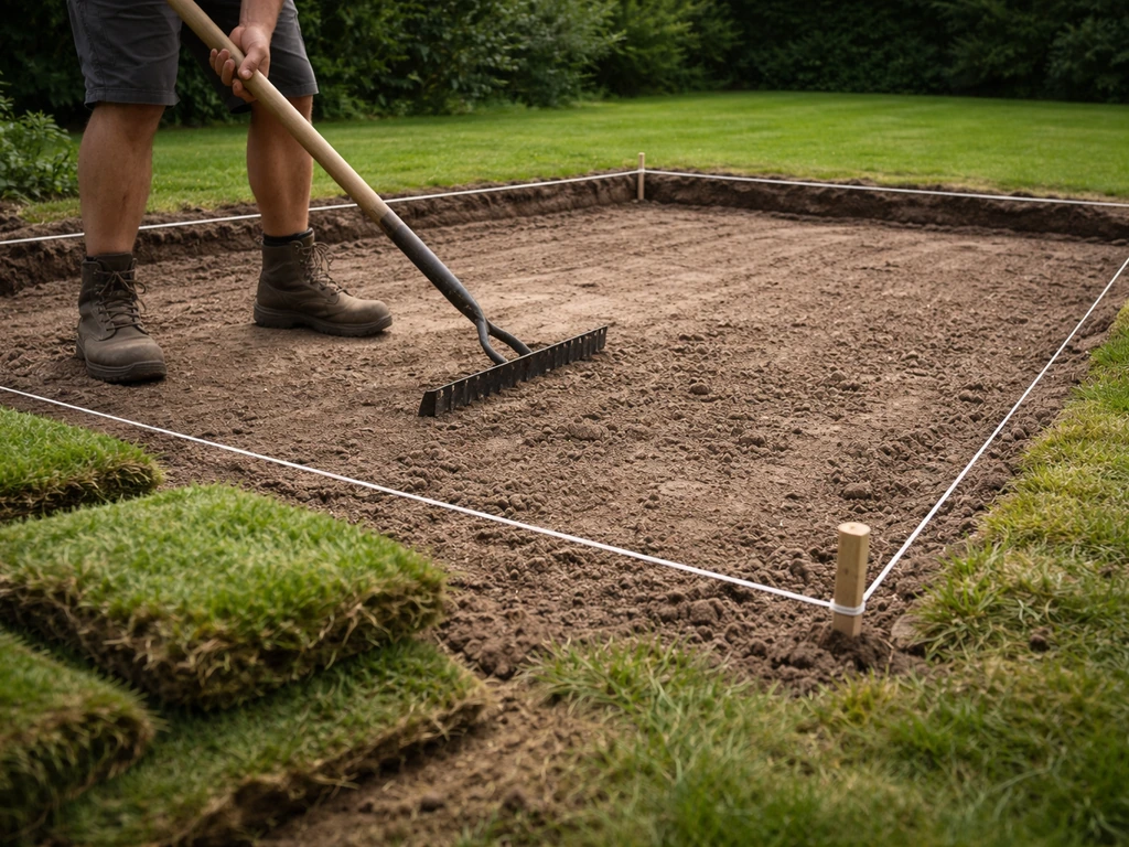 Tuinwerker schept grond bij een afgebakend zwembadperceel, graszoden verwijderd, bodem geëgaliseerd