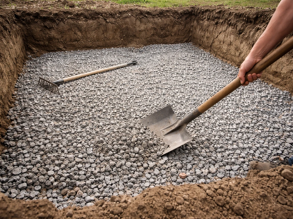 Gebroken puin/grind wordt als drainagelaag van 10–15 cm aangebracht in een uitgegraven zwembadplek.