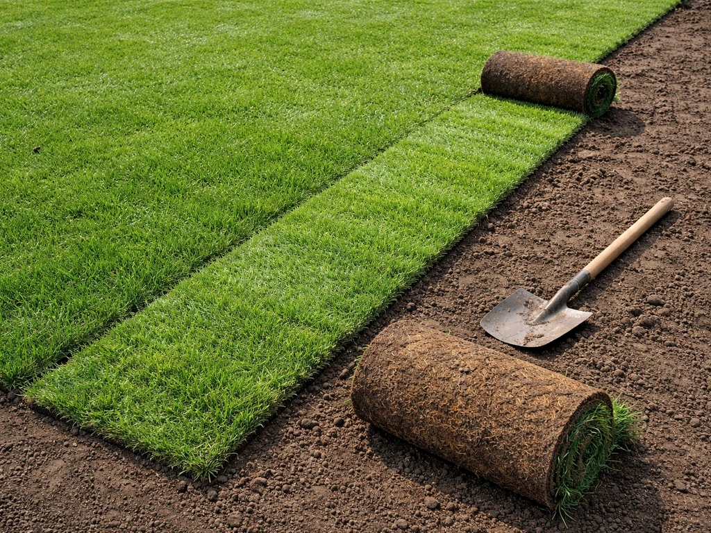 Gazons overgang met nieuwe graszoden die worden aangesloten op bestaand gras, naad zichtbaar.