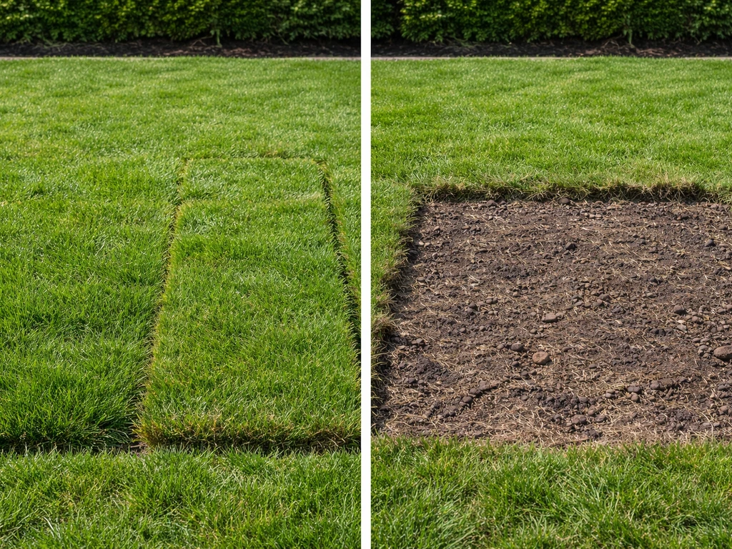 Minimalistische foto die links graszoden op bestaand gras laat zien en rechts kale bodem met viltlaag.