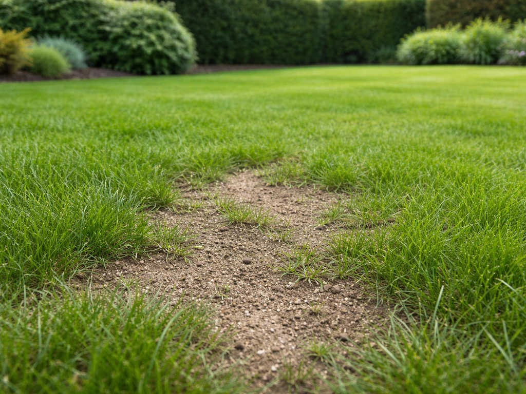 Uitsnede van een gazon met enkele kale plekken en gezond gras eromheen, bij natuurlijk daglicht.