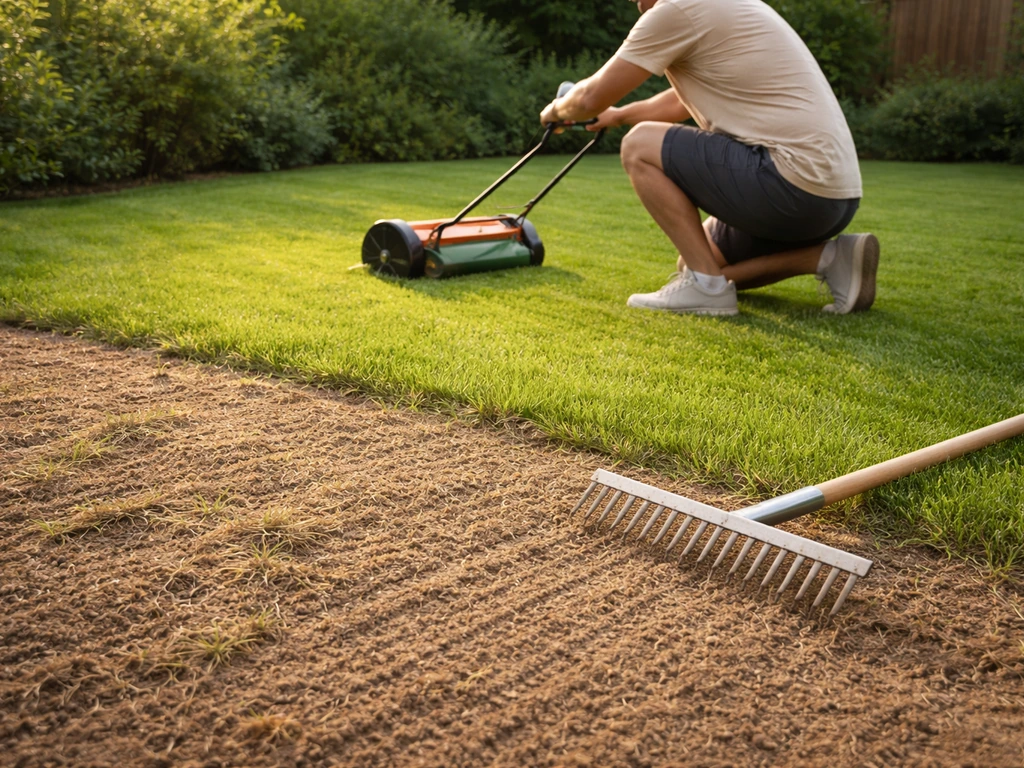 Tuinier knielt op een gazon, maait het gras kort en maakt de toplaag vilt/los met een hark klaar