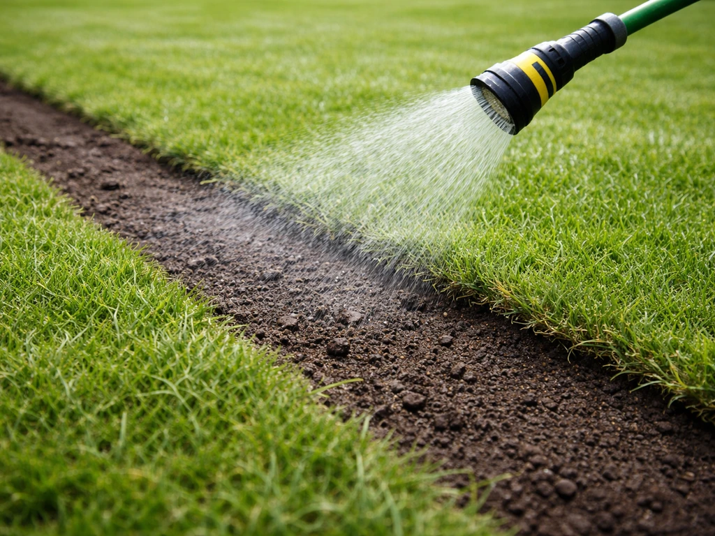 Vochtige graszoden en vernevelend water van een sproeikop, zonder plassen, in een pas aangelegd gazon.
