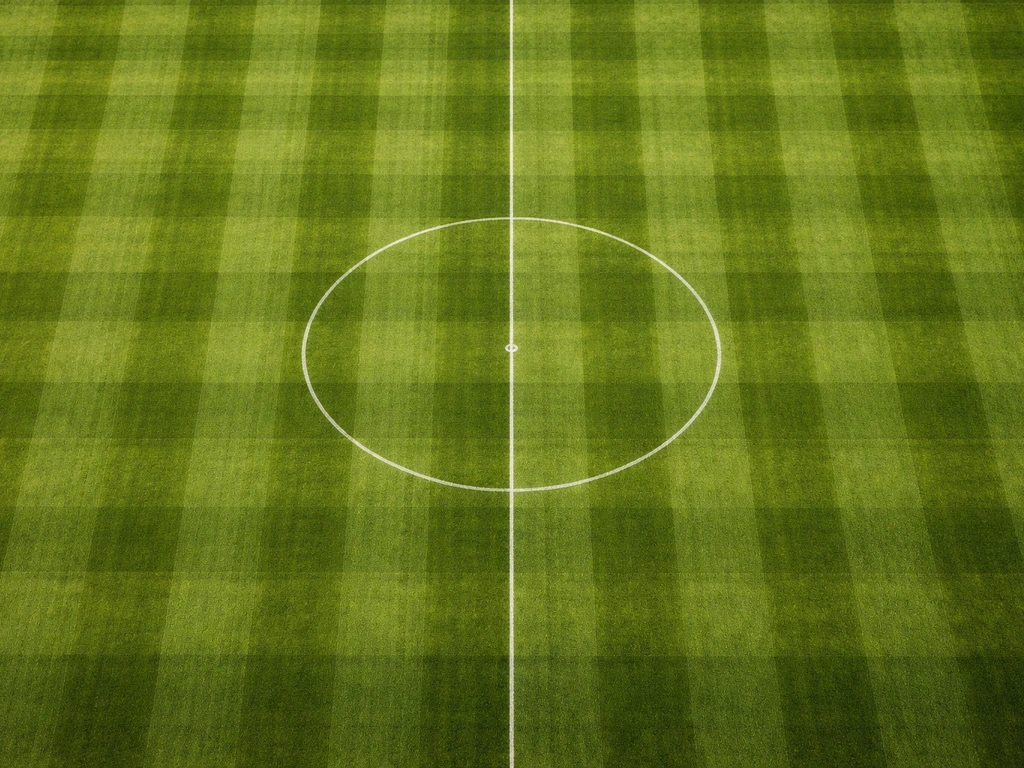 Strak gestreept natuurgras voetbalveld van bovenaf, met duidelijke maaistrepen en middenlijn.