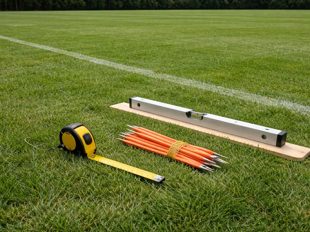 Rolmaat, piketten en een waterpas liggen op gras bij een voetbalveld voor het checken van de ondergrond.