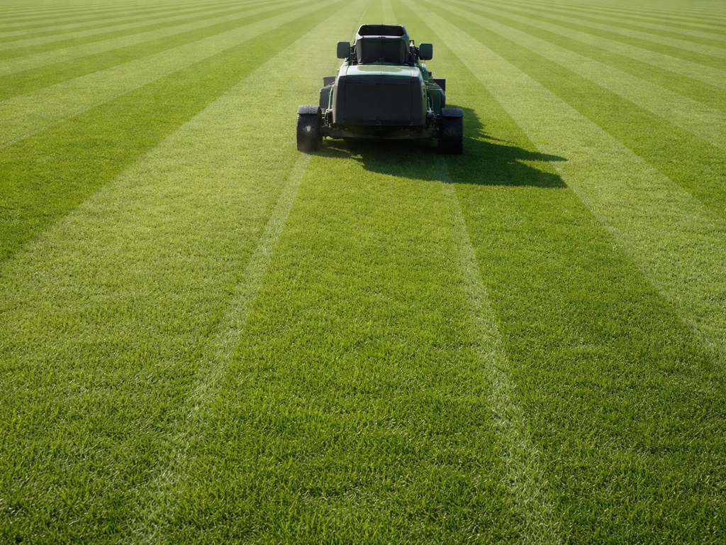 Een grasmaaier maait een voetbalveld in rechte banen voor een egale graslengte