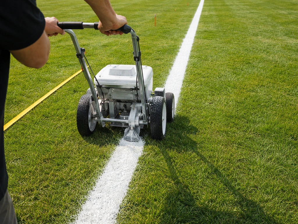 Een lijnmarkeermachine die witte sportveldverf op waterbasis aanbrengt op natuurgras