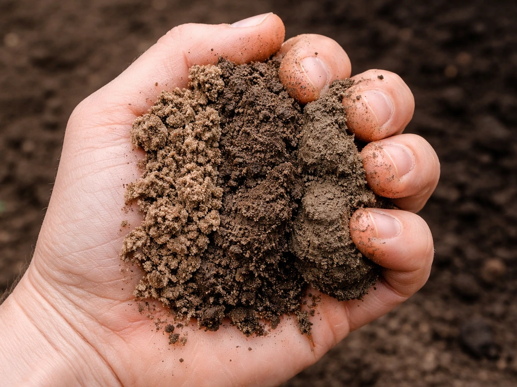 Close-up van een hand die vochtige tuingrond samendrukt; textuur toont zand/leem/klei-verschillen.