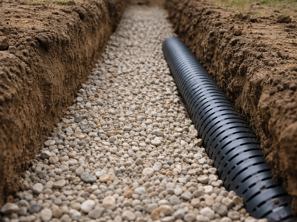Ingegraven sleuf voor drainage met grind/split en eventueel een drainagebuis, klaar voor afwatering