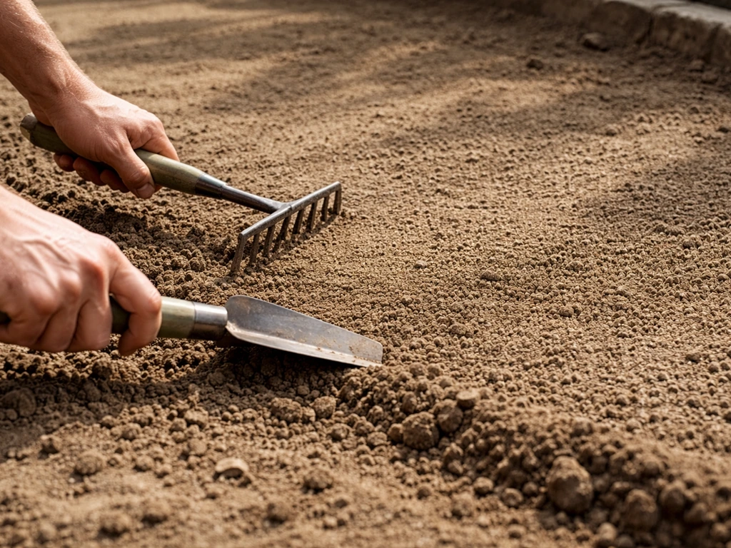 Close-up van het verdelen en egaliseren van verse graszaaigrond op een tuinperceel