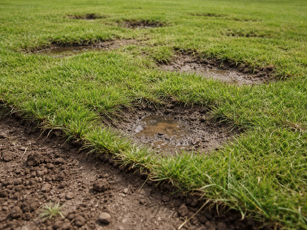 Schuine foto van een gazon met zichtbare kuiltjes en een te dunne, ongelijk verdeelde toplaag met natte plekken