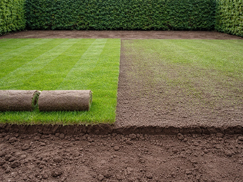Tuin in Nederland met afgegraven bodem en nieuw aangelegd gras, zoden bij overgang van oud naar nieuw.