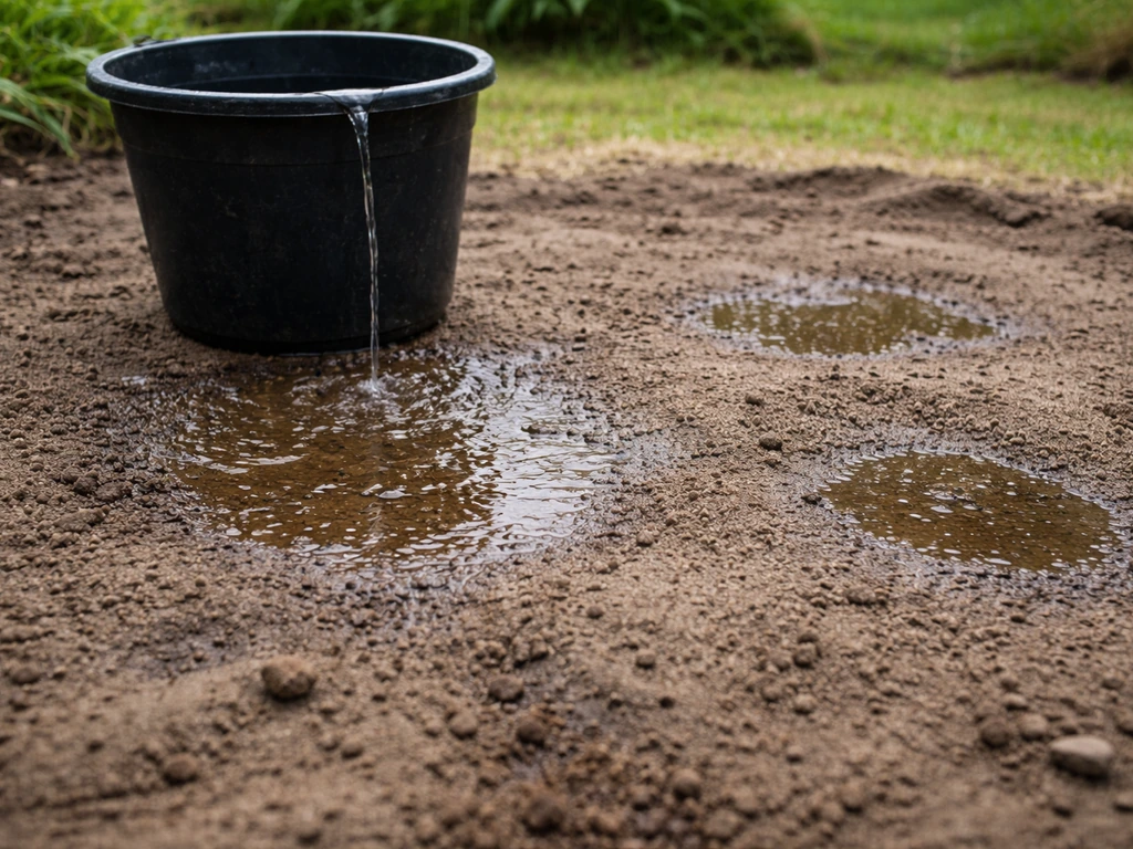 Close-up van een emmer water op kale tuingrond om afwatering te testen, met zichtbare bodemtextuur.