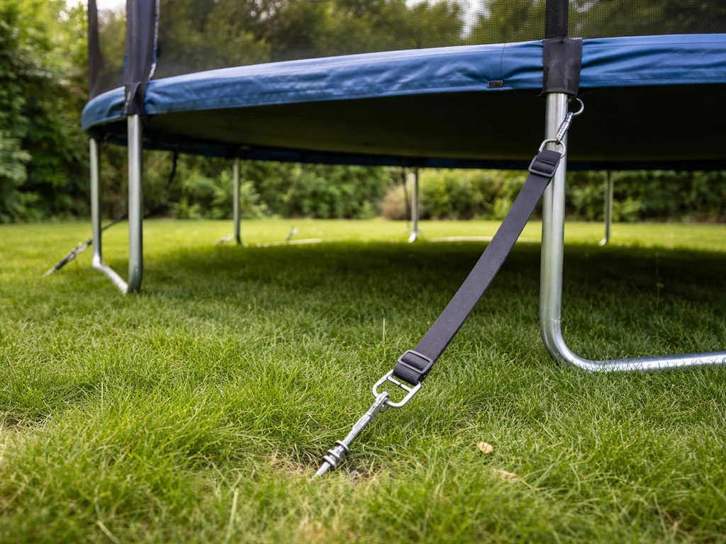 Trampoline op gras in een Nederlandse tuin, met zichtbare ankerpunten die vastzetten tegen verschuiven en kantelen.