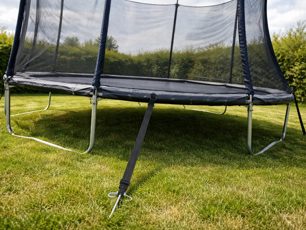Trampoline op gras met verankeringsriemen die laten zien waarom hij bij wind vast moet staan.