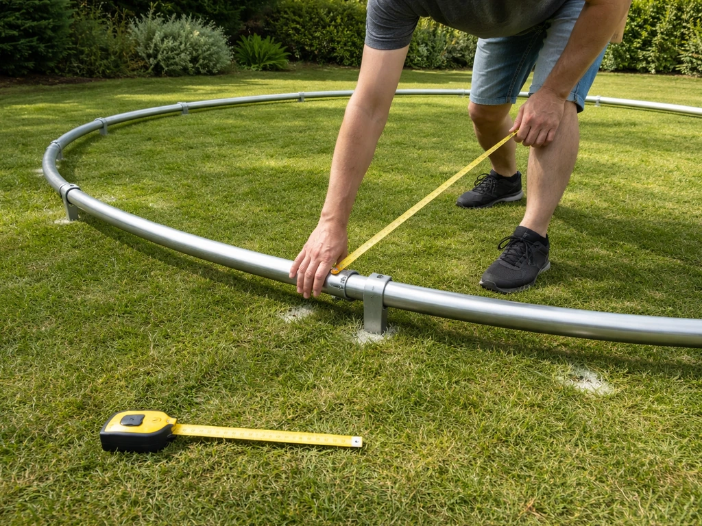 Iemand plaatst een trampoline op vlak gras en tekent daarna ankerpunten af voor het vastzetten.