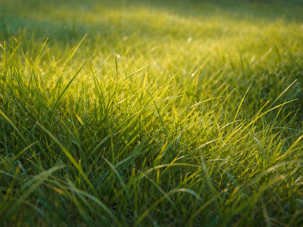 Realistisch geschilderd grasveld met geelgroene toppen en koeler groen, dicht op textuur en licht.