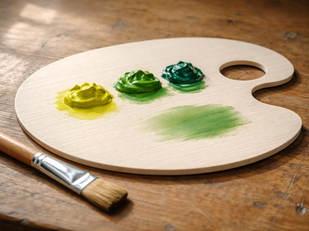 Kleine mengpalet met meerdere groentinten verf en een kwast op een houten tafel voor gras-kleuren