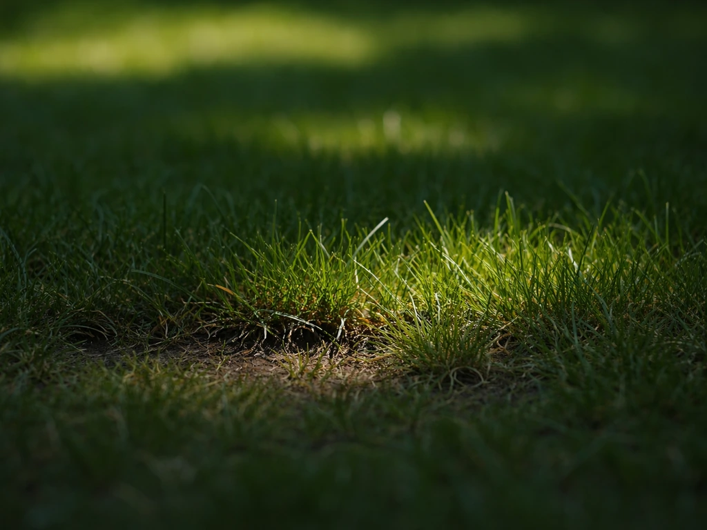 Close-up van schaduwmengsel op gras: donker met warmbruin/paars tinten langs grassprieten.