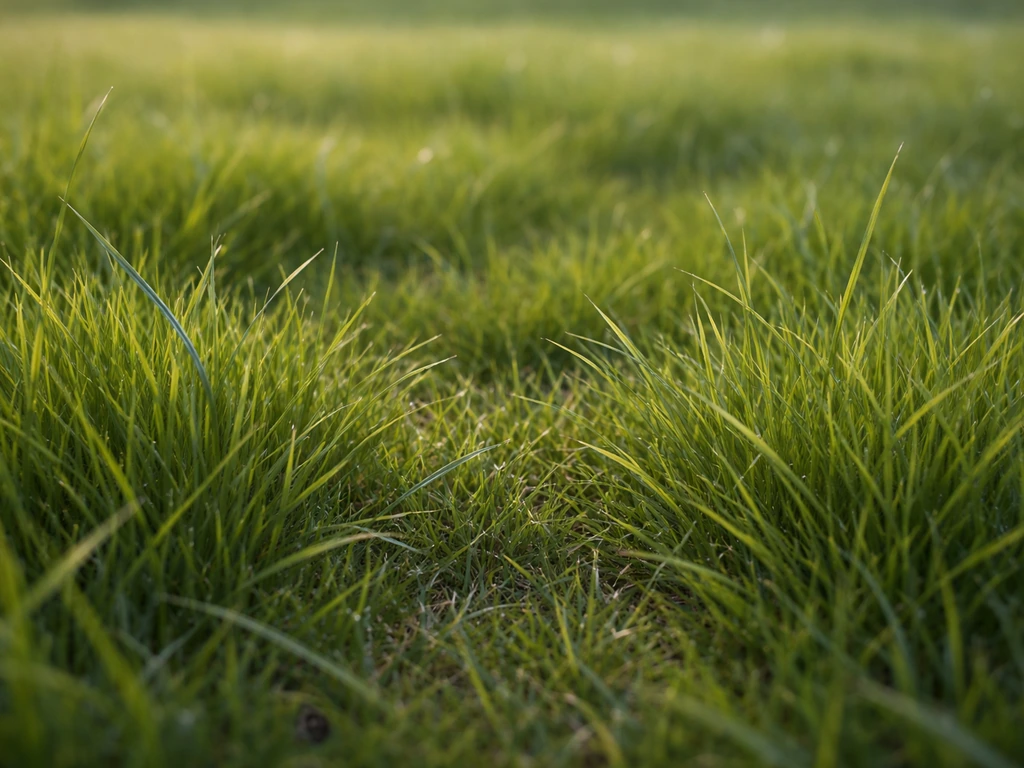Close-up van gras: vooraan scherp en gedetailleerd, achteraan kleiner en vaag door diepte.