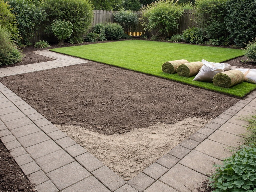 Verwijderde tegels en een nieuwe grasbaan in opbouw met zichtbare bodemlaag in een Nederlandse tuin.
