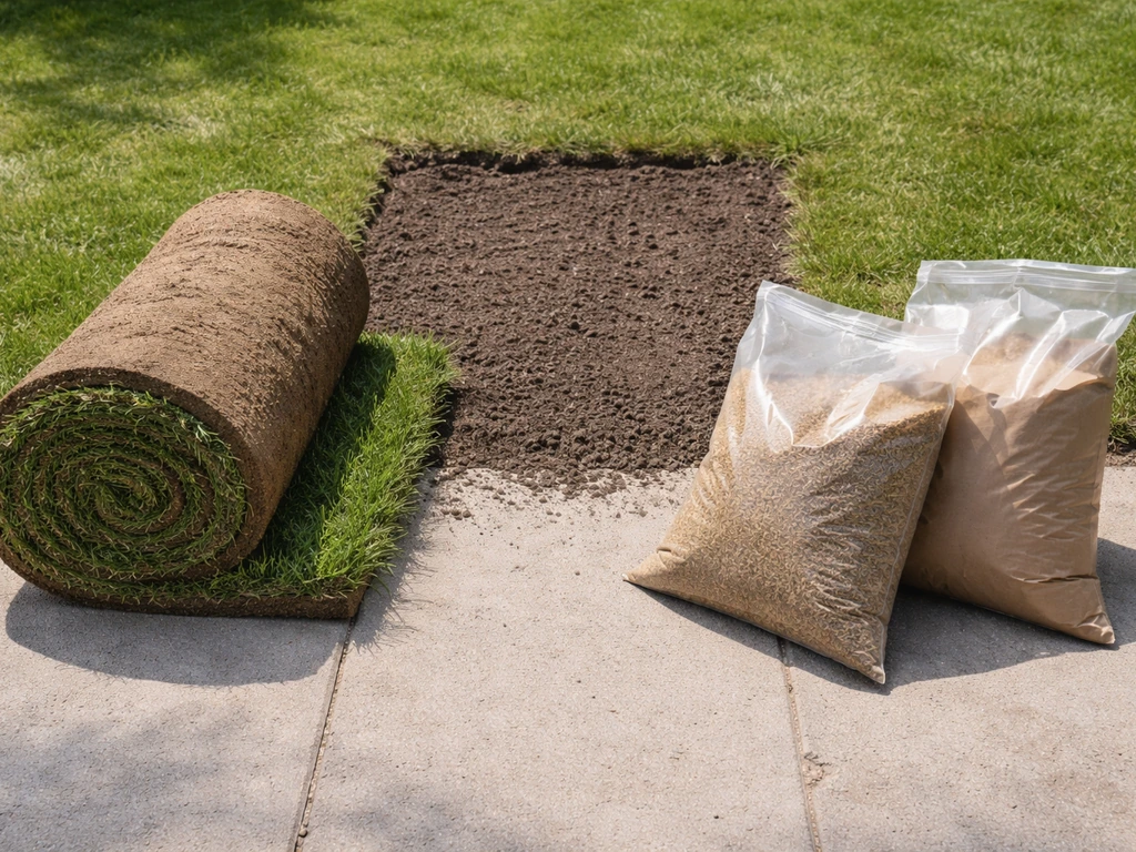 Twee gras-opties naast elkaar: graszodenrol en zak met graszaad op een rustige oprit/tuinbodem.