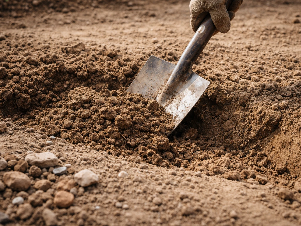 Close-up van een schop die verdichte grond losmaakt, met zichtbare aarde en kleine steentjes in het gazonperkje.