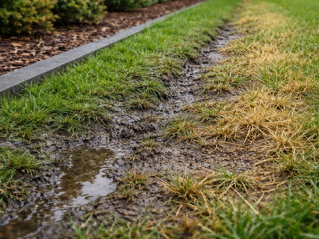 Close-up van een gazonrand: ingezakt en modderig na regen, met geel en uitgedroogd gras door te weinig water.