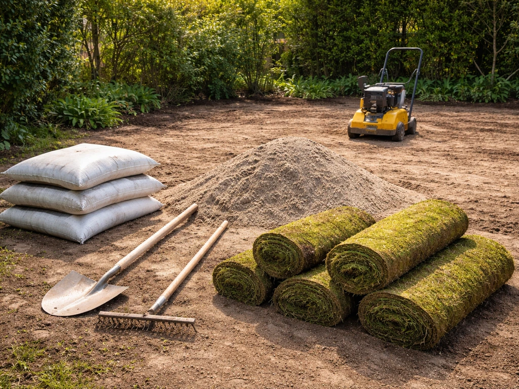 Overzicht van graszoden, zand, teelaarde, hark en trilplaat klaargelegd voor het leggen van een gazon.