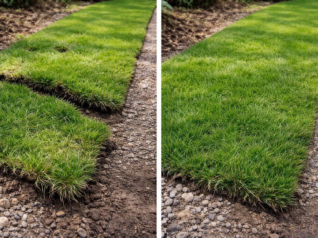 Ongelijk verzakte graszoden links en vlak gelegde zoden rechts, met zichtbare aarde en randen.