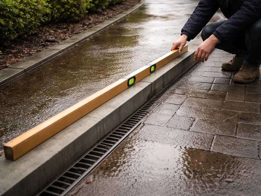 Natte tuin met lat en waterpas die de helling naar een afvoergoot markeren, met plasjes in de grond.