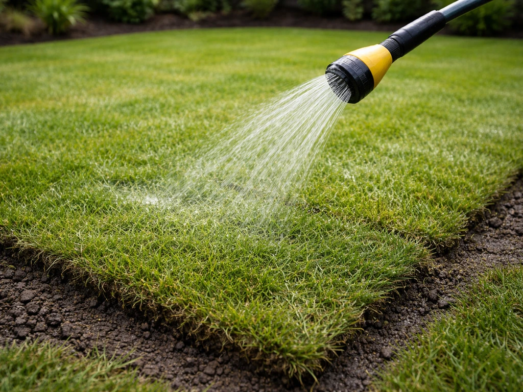 Close-up van sproeiwater op net aangelegde graszoden, waarbij de toplaag vochtig wordt gemaakt.