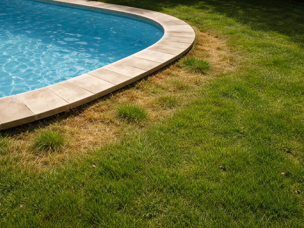 Beschadigd geel gras rond een klein zwembad, alsof chloorwater het gras heeft aangetast.