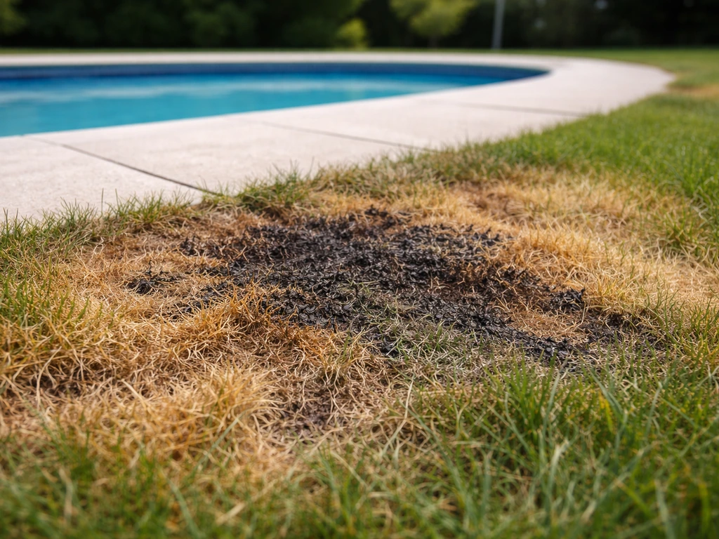 Close-up van gele en bruine verbrand grasplekken rondom een zwembadrand.