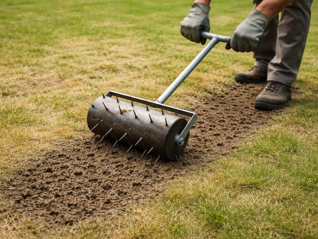Tuinier die met een prikrol beluchting maakt in een beschadigde grasmat, met opengeprikte bodem zichtbaar.