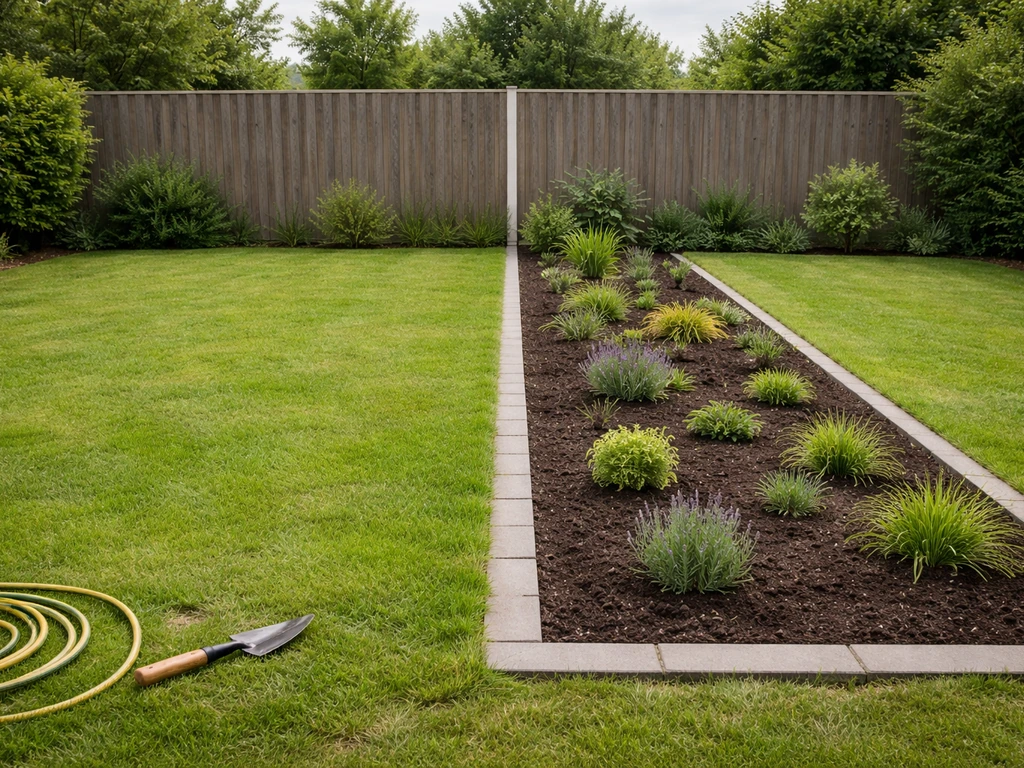 Tuin met overgang van gazon naar nieuwe sierborder, met aarde, planten en strakke randafwerking